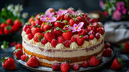 A cake with strawberries and cream on top.