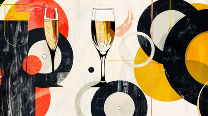 champagne glass, cocktail, music, vinyl, modernist, style collage art, minimalist poster