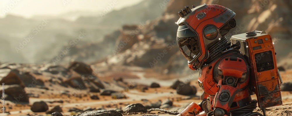 Poster a robot exploring a desolate alien world.
