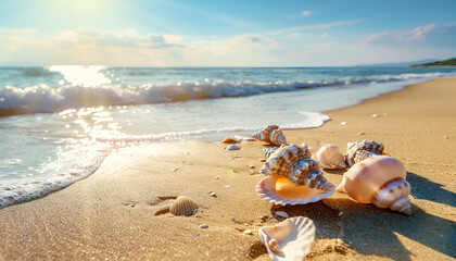 On the sandy beach by the sea there are seashells scattered, relaxing seaside vacation