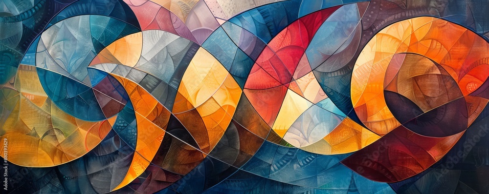 Poster a series of geometric shapes overlapping and intersecting, creating a sense of movement and dynamism
