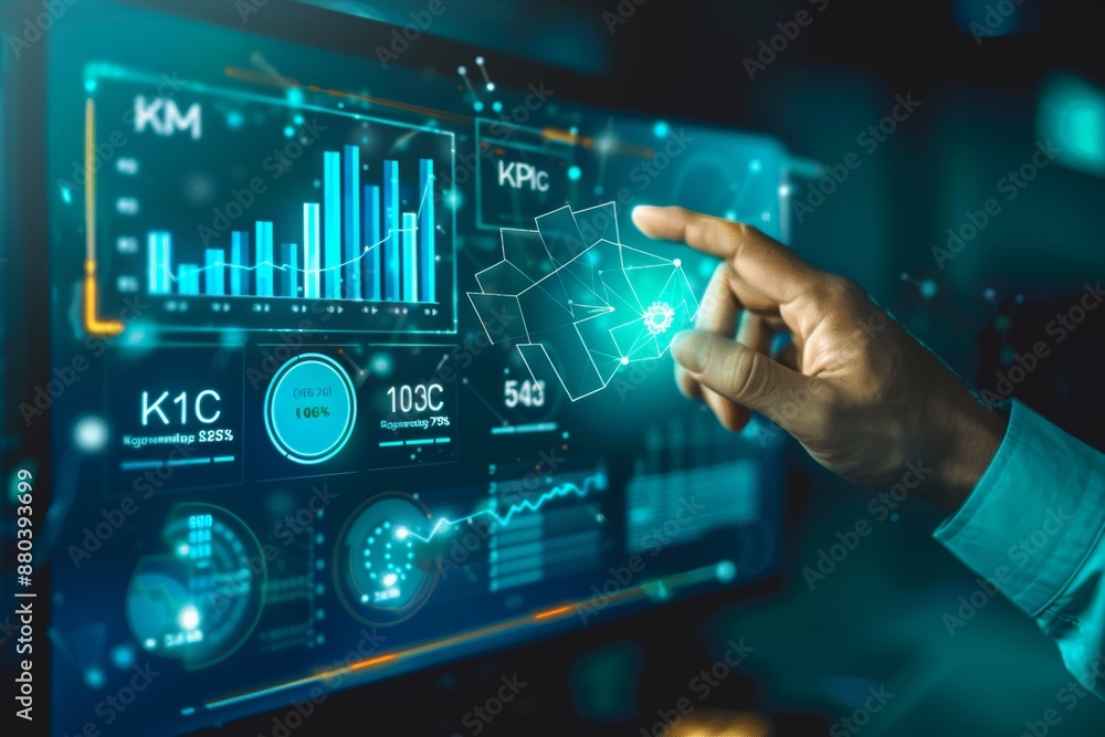 Poster businessman analyzing kpi data report for strategy and intelligence on dashboard