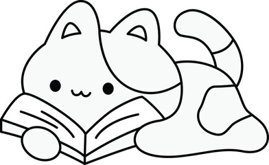 Cute Cat Reading a Book Illustration in black and white coloring