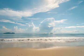 Fototapeta premium beautiful landscape summer vertical front viewpoint tropical sea beach white sand clean and blue sky cloud background calm nature ocean wave water travel sai kaew beach travel in thailand chonburi