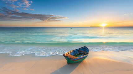 Serene landscapes of coastal areas, with long sandy beaches, turquoise waters, and solitary fishing boats.