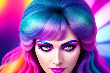 an image of a Colourful, 1970s closeup of a beautiful disco woman, 1970s fashion, retro, vintage, rainbow colors, stylish, retro hairstyle,  Beauty, Glamour, Funky, 