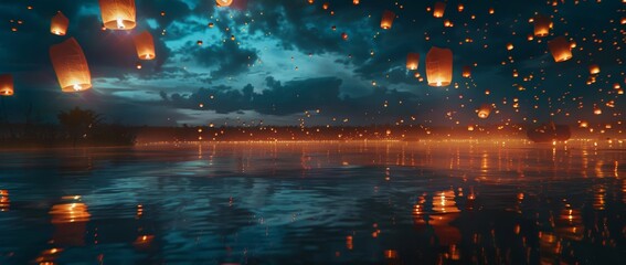 In the celebration of the night festival The bright lanterns gracefully float above the sky.