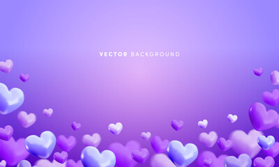 Vector cute flying purple hearts background. Glossy realistic 3d render heart balloons on gradient violet background with copy space. Valentines day wallpaper, cartoon 3d design for greeting, web.