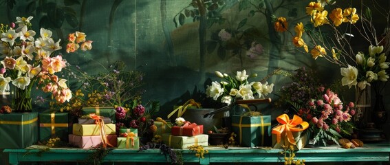 Obraz premium The celebration in the garden begins with a display of many gifts and flowers. Create a lively and festive atmosphere.