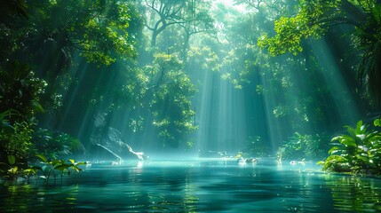 A beautiful scene of a jungle with sunlight shining through.