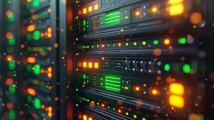 Naklejka premium Colorful Server Rack with LED Lights in Data Center - Generative AI
