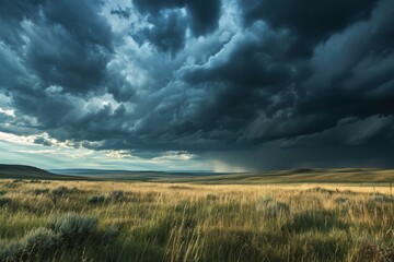 A dramatic thunderstorm over a prairie landscape, AI generated