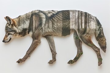 Wolf and snowy mountain double exposure, combining wildlife with rugged terrain.