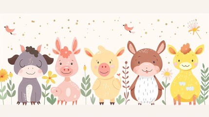 Naklejka premium Cute Animals Cartoon Illustration with Floral Elements