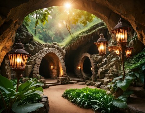 Une vieille grotte fantastique de formation ronde dans la jungle avec des lanternes