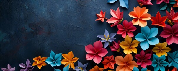 Paper origami flowers on a black background with lots of empty space Generative Ai
