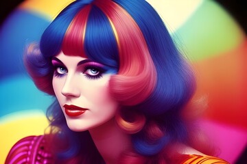 Fototapeta premium an image of a Colourful, 1970s closeup of a beautiful disco woman, 1970s fashion, retro, vintage, rainbow colors, stylish, retro hairstyle, Beauty, Glamour, Funky, 