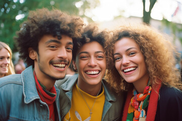 Fototapeta premium Three curly-haired friends smiling brightly on a sunny day, radiating happiness and warmth