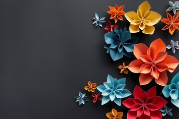 Obraz premium Paper origami flowers on a black background with lots of empty space Generative Ai