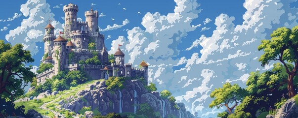 Fototapeta premium A pixel art rendition of a majestic castle perched atop a hill, its pixelated towers reaching towards the sky.