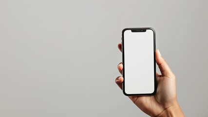 Hand holding cell phone with blank screen, white background. Perfect for advertisement, showcasing apps, or adding custom content. Ample copy space for text or logos.