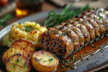 A serving of haggis, neeps, and tatties, with the haggis sliced open and served alongside mashed turnips and potatoes. 