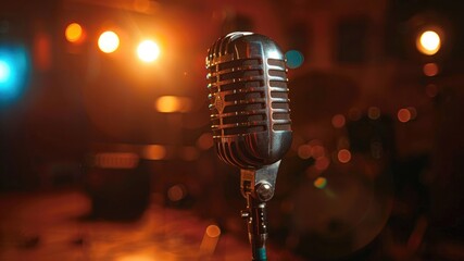 Retro microphone on stage with bokeh lights. Perfect for concert, entertainment, and music themes. Ample empty space for copy or text, capturing the feeling good vibe of open mic events.