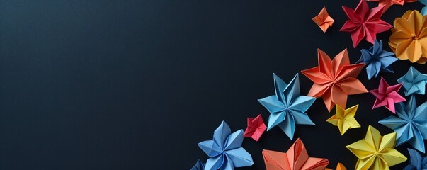 Obraz premium Paper origami flowers on a black background with lots of empty space Generative Ai