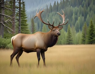 Fototapeta premium A large male elk with impressive antlers standing in a grassy field with a forested background