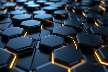 Obraz premium Abstract background with blue and orange illuminated hexagonal shapes. Futuristic design concept for technology, science, or engineering.