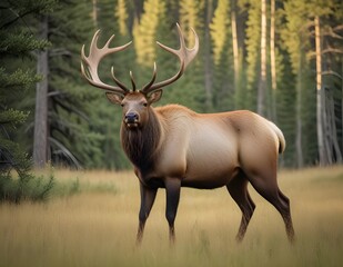 Fototapeta premium A large male elk with impressive antlers standing in a grassy field with a forested background