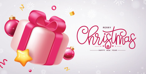 Merry christmas greetings vector banner design. Christmas pink gift box, xmas balls and stars elements in snowflakes background for holiday greeting card. Vector illustration seasonal design.   © Zeinous