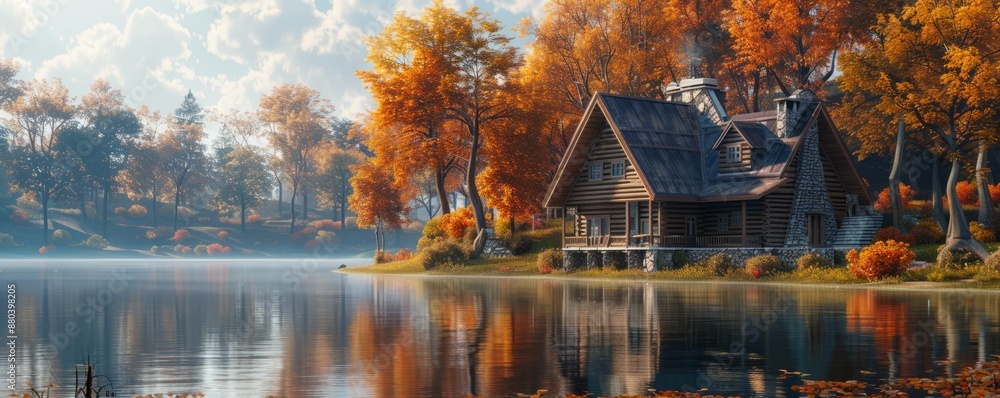 Poster Serene lakeside retreat surrounded by autumn foliage, 4K hyperrealistic photo