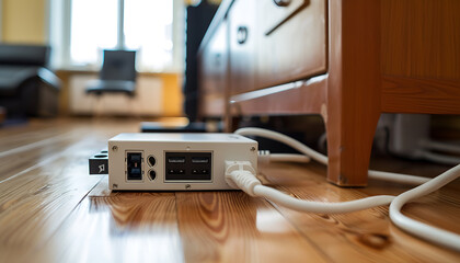 Different electrical plugs in socket and power strip on floor indoors