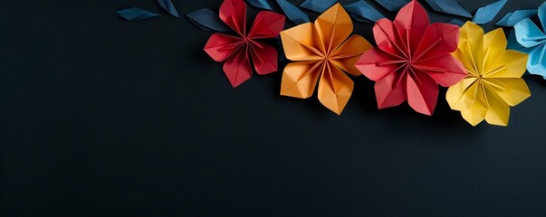 Paper origami flowers on a black background with lots of empty space Generative Ai