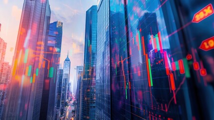 Obraz premium Real Estate Financial Trends with Stock Market Data and City Skyline in Background Representing Urban Development and Economic Growth for Posters and Banners