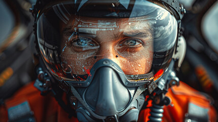 Fototapeta premium In the cockpit of a fighter jet a focused pilot wear Helmet