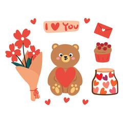 hand drawing cartoon valentine sticker set. cute valentine vibes sticker, doodle set