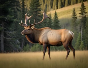 Fototapeta premium A large male elk with impressive antlers standing in a grassy field with a forested background
