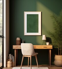 Minimal and comfort home working space interior with wooden furniture, copy space for montage on wooden table and blank frame on white wall.