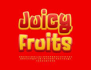 Vector advertising flyer Juicy Fruits. Funny Bright Font. Playful Alphabet Letters and Numbers set.