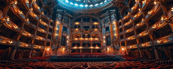 Obraz premium Grand opera house with opulent interior, illuminated chandeliers, and music