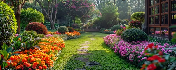 Fototapeta premium A peaceful garden with blooming flowers