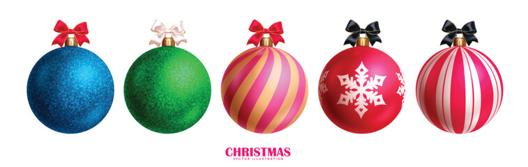 Christmas balls vector set design. Christmas 3d ball with colorful patterns, print, ribbons and glitter in white isolated background for holiday season ornament decoration. Vector illustration xmas 