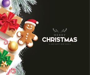 Merry christmas greetings vector template design. Christmas greeting text with ginger bread, gift boxes, spruce leaves, xmas balls, candy cane and stars elements in elegant snow black background.  © Zeinous