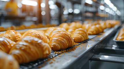 A production line in a bakery, showcasing the industrial process of making delicious pastries and snacks