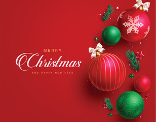 Christmas greetings red vector background  design. Merry christmas and happy new year text with xmas balls, fir leaves, stars, and spruce leaves elements in red elegant background. Vector illustration