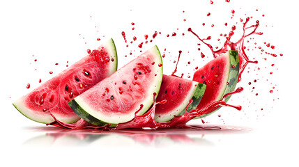 Watermelon slices with juice splashes isolated on white background
