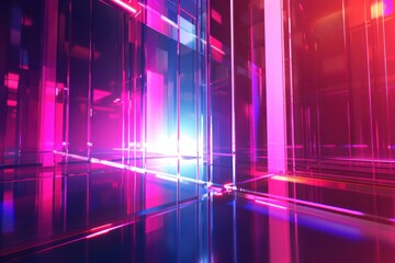 Abstract futuristic background with glowing neon lights, reflections, and a sense of depth and dimension. Ideal for technology, gaming, or cyberpunk themes.