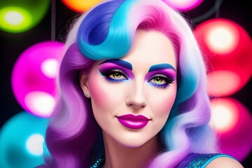 an image of a Colourful, 1970s closeup of a beautiful disco woman, 1970s fashion, retro, vintage, rainbow colors, stylish, retro hairstyle,  Beauty, Glamour, Funky, 